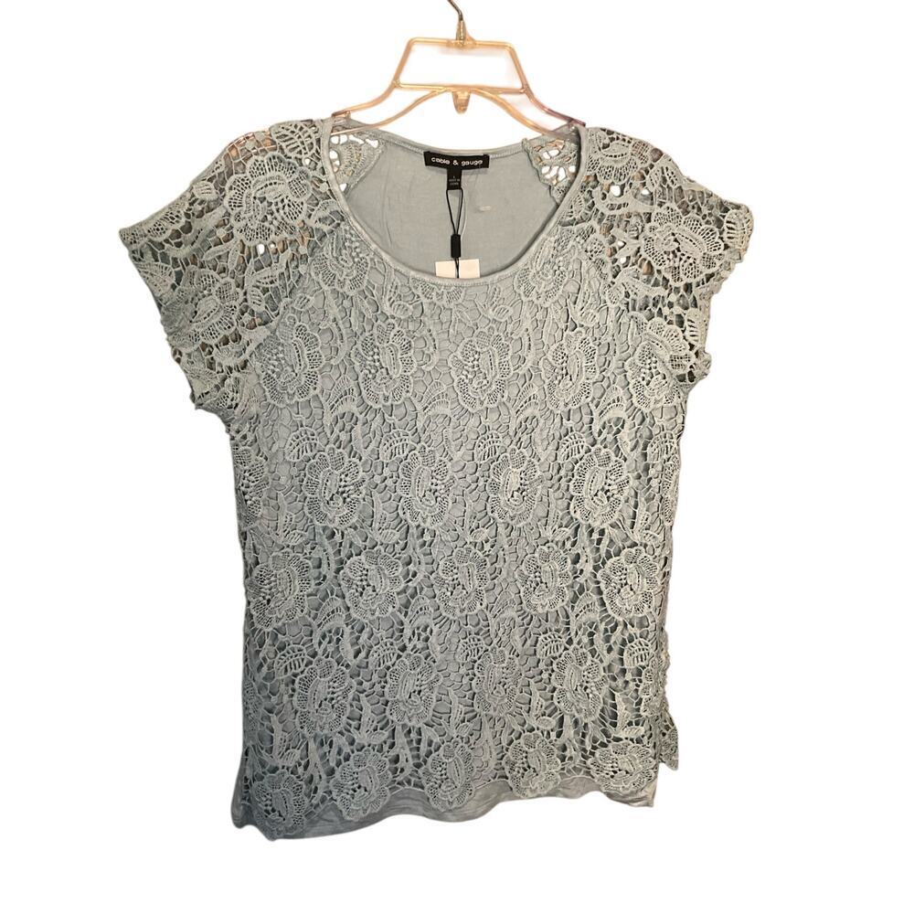 Cable &‎ Gauge Floral Lace Top Short Sleeve Pullover Stretch Blue Size L NWT